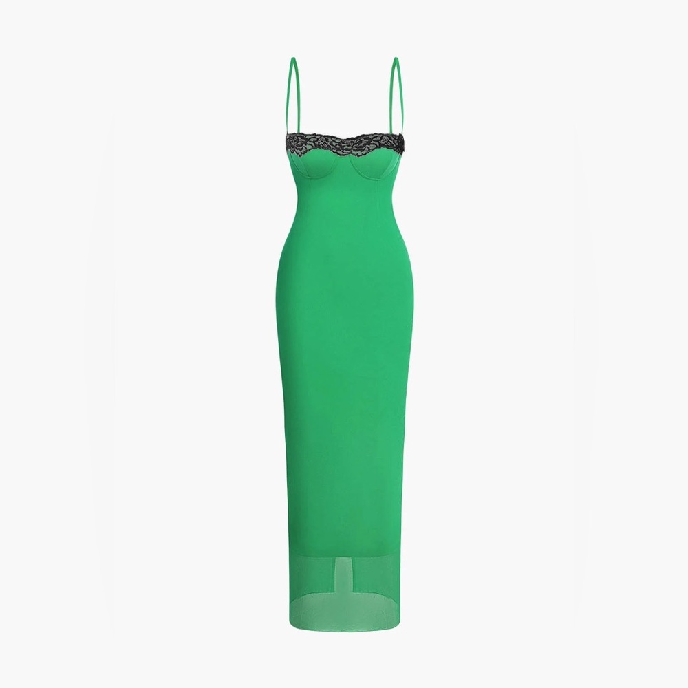 Green Lace-Trim Slip Dress with Spaghetti Straps